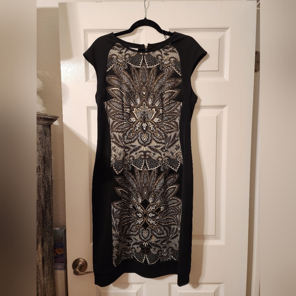 Maggy London Paisley Black and Gray Patterned Dress